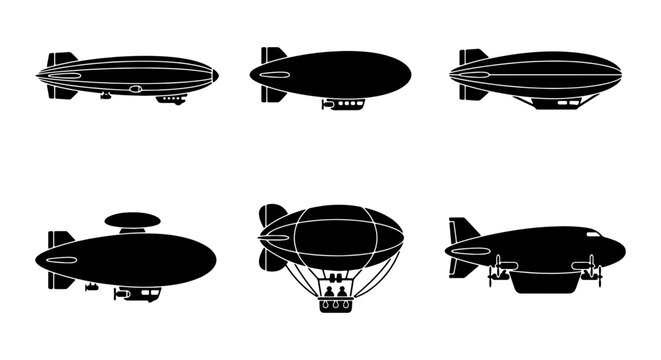 Vintage airship silhouette icons set, retro dirigible and zeppelin vector collection, black blimp transport symbols on white background