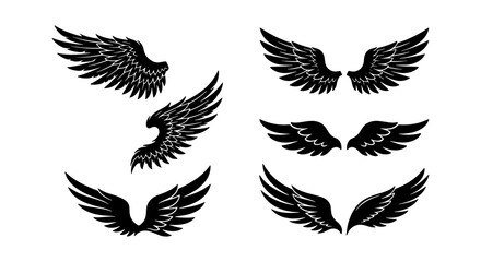 Obraz premium Black wing silhouettes set, eagle and hawk bird wings vector collection, gothic angel wing icons for tattoo design and heraldry branding