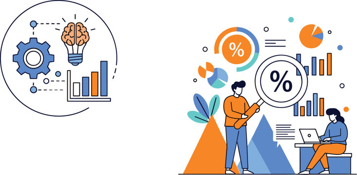 Business analytics and data processing vector illustration with charts, percentages, teamwork and digital performance monitoring concept