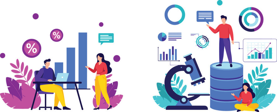 Business analytics and data research vector illustration with charts, teamwork, statistics, laboratory concept and digital performance monitoring