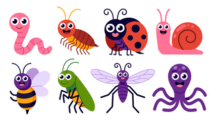 Obraz premium Vibrant collection of cute cartoon insects and garden creatures