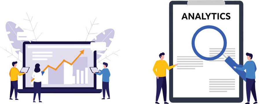 Business analytics report vector illustration with data charts, performance growth graph and digital analysis dashboard concept
