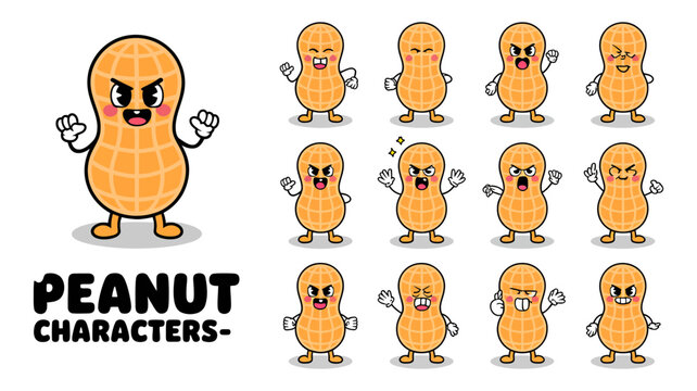 Set of expressive peanut characters showing different emotions and poses in cartoon style