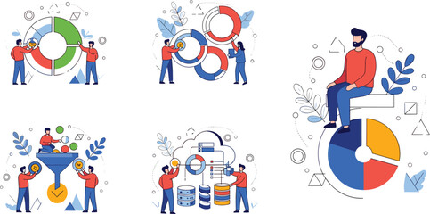 Fototapeta premium Business data analysis and teamwork vector set with charts, diagrams, cloud storage and financial statistics illustration