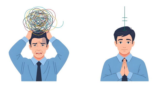 Overcoming Stress through Calm Reflection, Vector Illustration of Stressed Man finding Peace,  two frontal views of a businessman, comparing, Neurodiversity and Inclusive Mental Health Vector