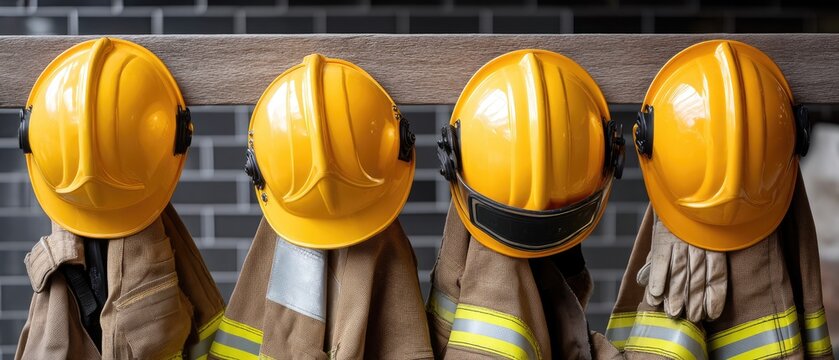 Bright yellow firefighter helmets and fire resistant jackets are displayed on a wooden beam against a gray brick wall in a neat arrangement for quick access