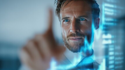 Obraz premium Man interacts with futuristic data