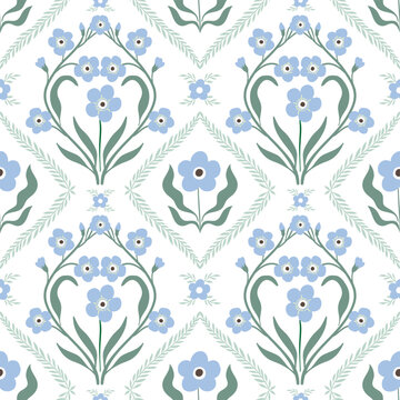 Floral seamless pattern with blue flowers, romantic coquette wallpaper, Victorian style