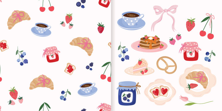 Coquette breakfast set with seamless pattern and elements, croissant, fresh fruits, decorative whimsical wallpaper, spring summer background