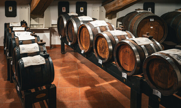 Traditional balsamic vinegar aging in wooden barrels in Italy, Modena, Emilia Romagna 
