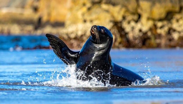 Sea lion playfully splashing water with its flipper in shallow sunlit coastal waters