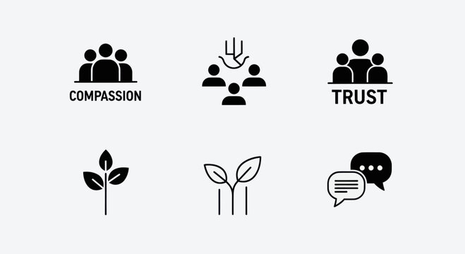 Teamwork, Growth, Communication Icons: Compassion, Trust, Seedling, Dialogue