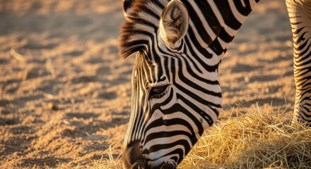 Obraz premium Zebra grazes on dry hay during a sunny afternoon in the savanna.
