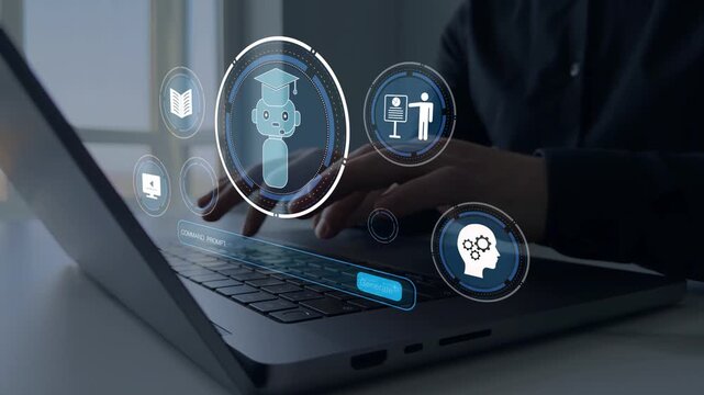 AI powered education, online learning, smart digital tools, personalized training, adaptive systems, improved knowledge, modern technology driven learning experience.