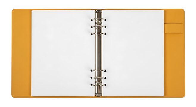 Open blank ring binder notebook with yellow leather cover isolated on white background. realistic 3d vector illustration of office planner or diary mockup for business and education concept.