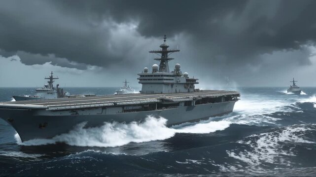 Naval strike group sailing through rough ocean under stormy sky. Aircraft carrier and escort warships navigating choppy waters. Lockdown wide shot.