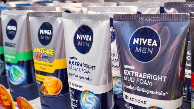Variety of Nivea Men facial foam tubes including extra bright and mud foam formulas displayed on a retail shelf on April 12, 2026 in Bangkok, Thailand