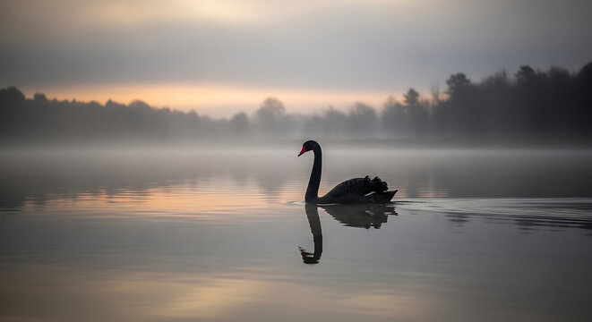 A swan swims across a serene lake surrounded by trees on a foggy morning at sunrise.