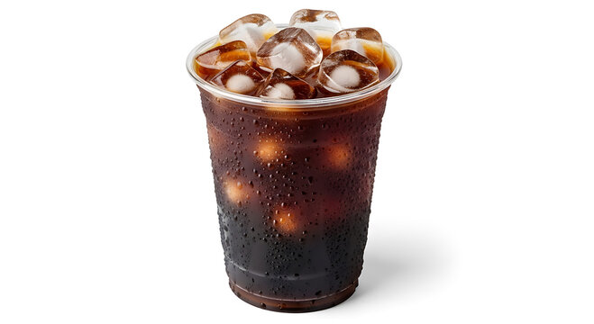 Iced coffee in a takeaway plastic cup with condensation drops isolated on white background. realistic 3d vector illustration of refreshing cold brew or americano with ice cubes for cafe and summer con