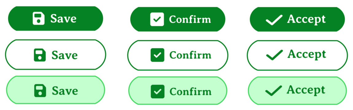 Clean Green and White Minimal E-commerce UI Button Set with Save Confirm Accept Actions, Simple Modern Rounded Interface Elements, Easy to Use Flat Design Icons Collection, Isolated