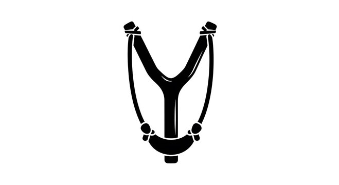 Wooden slingshot or catapult glyph icon isolated on white background. minimalist black vector illustration of a traditional hand-powered projectile weapon.