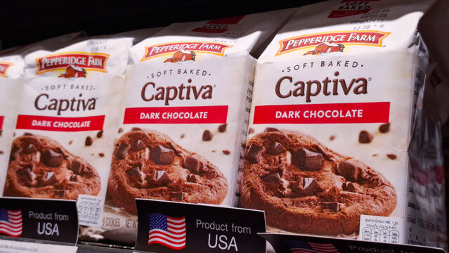 Pepperidge Farm Soft Baked Captiva Dark Chocolate Brownie Cookies Packages Displayed on Retail Store Shelf on April 17, 2026 in Bangkok, Thailand