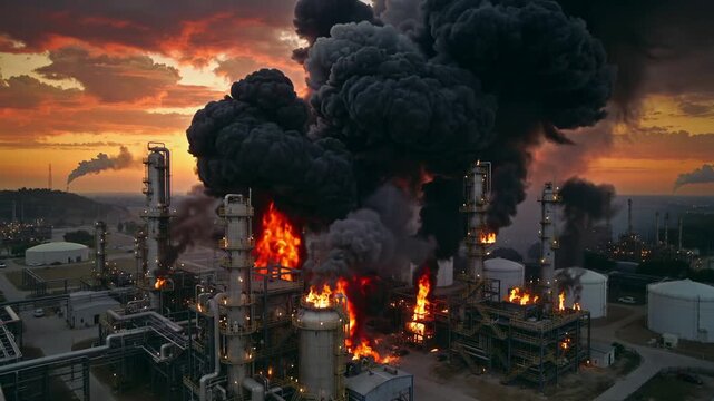 Industrial oil refinery explosion with massive fire and black smoke at sunset. Panning shot of chemical plant disaster.
