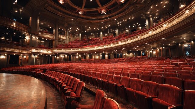 Theatre interior showing a stage and rows of comfortable seats.