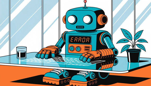 Cute Blue Retro Robot Working at Computer with Error Screen Message | Concept of Technology Failure, Debugging, and IT Support Illustration