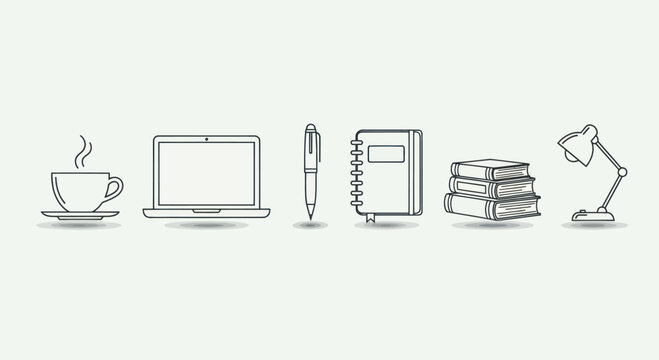 Workspace Essentials: Laptop, Coffee, Books, Lamp, Pen, Notebook - Line Art Icons