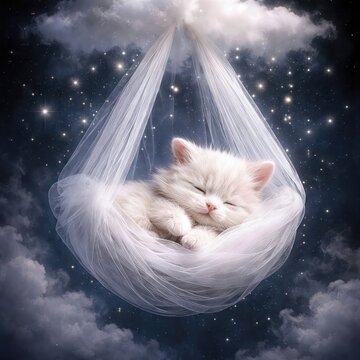 A fluffy white kitten peacefully sleeps in a sheer hammock suspended in a starry sky, surrounded by soft clouds and twinkling stars that create a dreamy atmosphere 