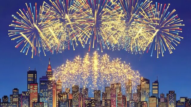 Colorful fireworks exploding above a modern city skyline at night in an illustrative style.