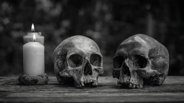 Still life image featuring two skulls and a candle placed on an old wooden table in a cemetery at night, with a dark black background and monochrome black-and-white aesthetic.