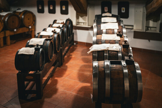 Traditional balsamic vinegar aging in wooden barrels in Italy, Modena, Emilia Romagna 