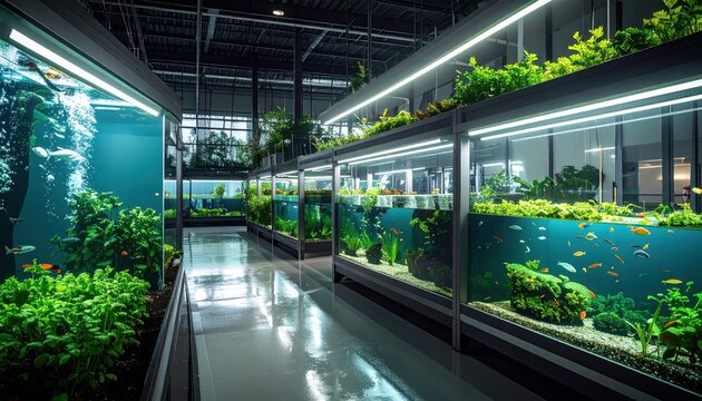 A large indoor aquaponics farming system with multiple tiers of plant beds and fish tanks under LED lights