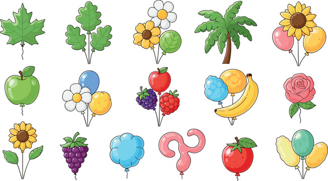 Cute Nature Balloon Icons Set with Leaves Flowers Fruits Trees Cartoon Style Party Decorative Vector Collection