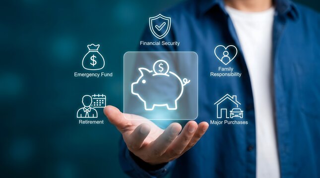 Businessman holding a digital interface showcasing various personal finance icons representing long term savings and wealth management.