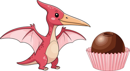 Cute cartoon pterodactyl dinosaur and chocolate candy illustration set, prehistoric animal character and sweet dessert vector design for kids collection © Jahangir