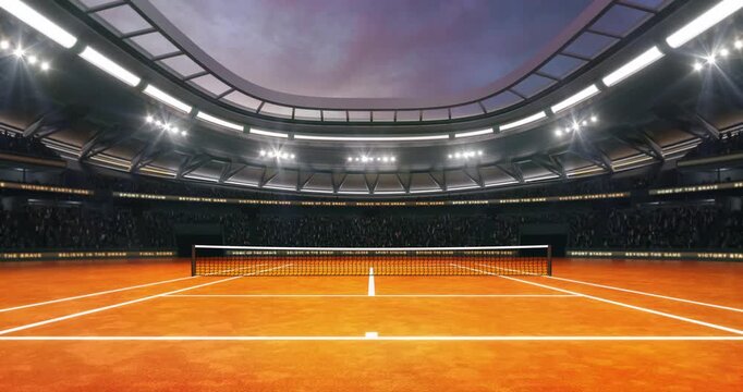 Clay tennis court at a sports arena with shining spotlights and fans ready for the upcoming grand sporting event. Loopable professional sports advertisement video background.