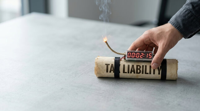Tax liability bomb with timer and burning fuse held by hand on gray surface, symbolizing financial risk and urgency in tax matters
