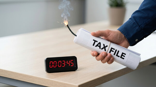 Tax file time bomb countdown timer hand holding fuse burning stress concept deadline pressure office desk financial document urgent situation danger risk crisis business stress explosive anxiety