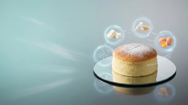 A delicious Japanese style castella cake on a glass plate with ingredients floating around it, including eggs, sugar, and butter on a gradient blue background