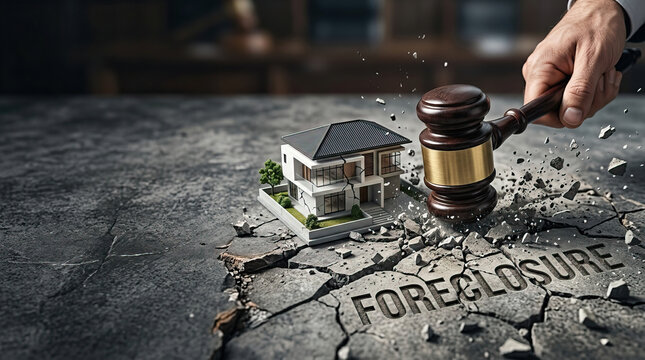 Foreclosure concept with hand holding wooden gavel smashing cracked concrete surface near modern house model, symbolizing legal action and property repossession