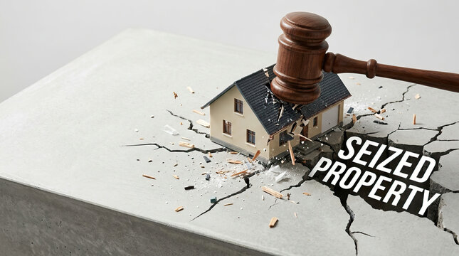 Seized property concept with wooden gavel smashing miniature house on cracked concrete surface, symbolizing legal action and property confiscation