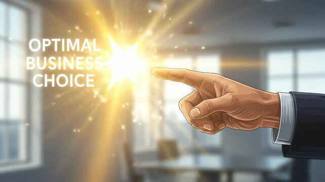 Hand pointing to optimal business choice text in bright office setting