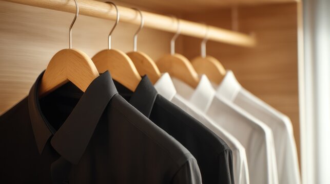 Close-up of black and white shirts hanging in a wooden closet