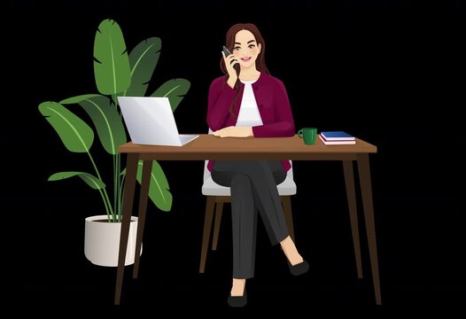 Loopable 2D vector animation of businesswoman sitting at desk and talking on phone. Subtle movement and blinking. Alpha channel on transparent background