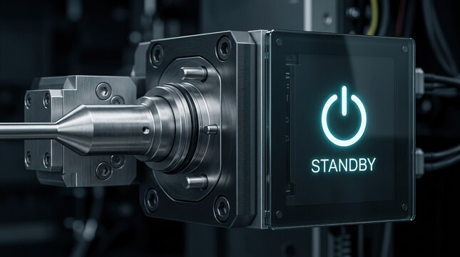 Standby mode on industrial machine control panel with metal mechanical parts and futuristic technology design in dark environment