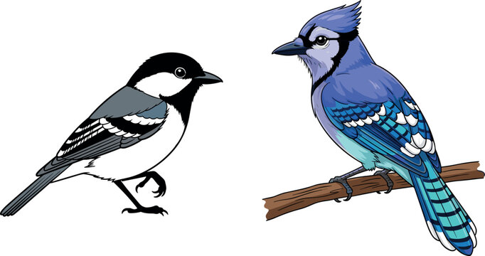 Cartoon Bird Vectors Featuring Chickadee and Blue Jay on Branches for Nature and Wildlife Illustration Use