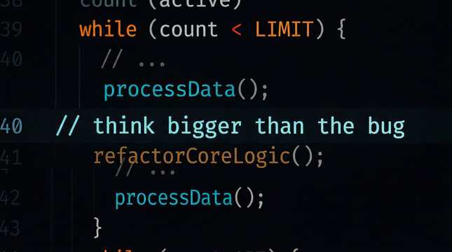 Programming code on computer screen with motivational comment about thinking bigger than bugs, highlighting software development and debugging process